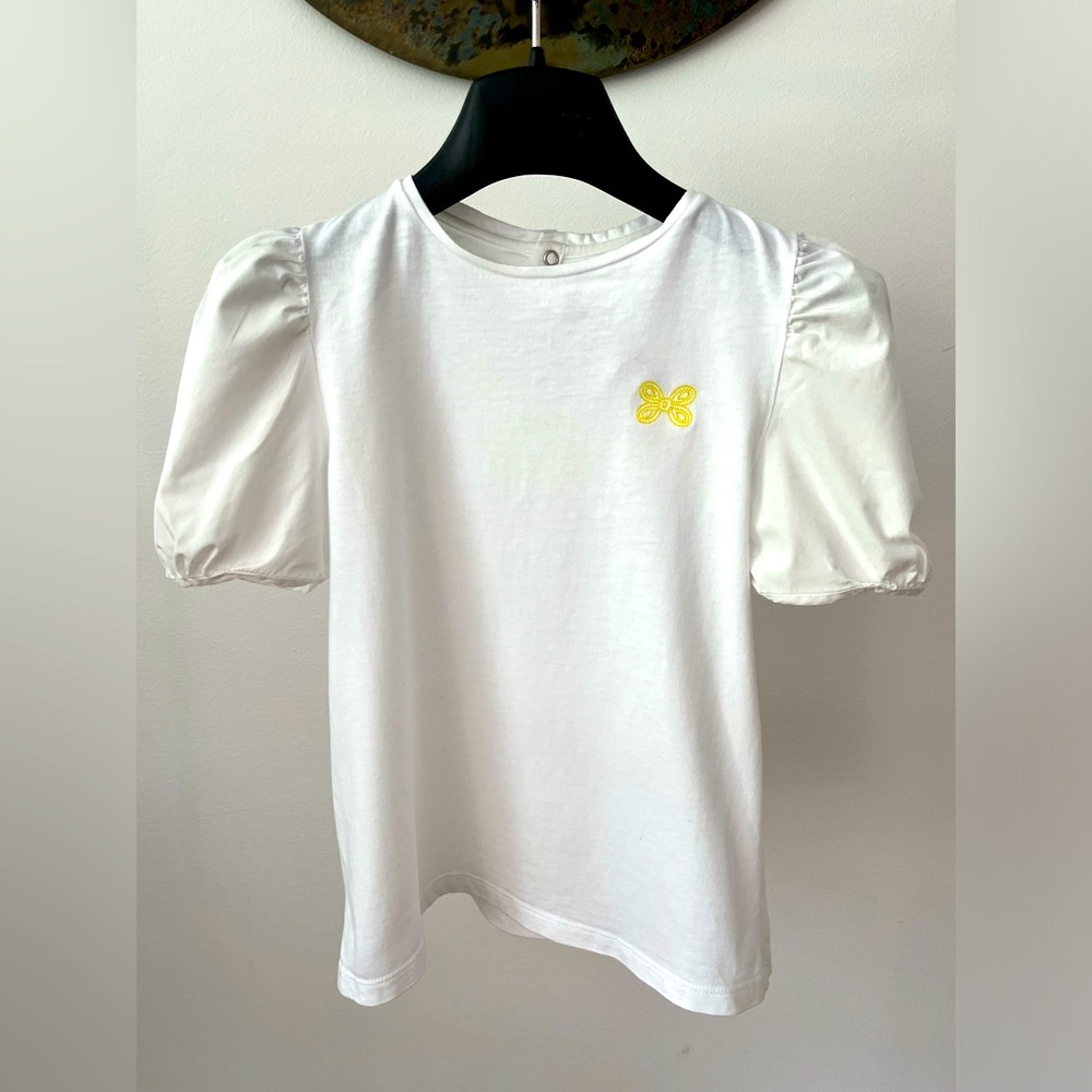 Jacadi White Short Sleeve Tee with Yellow Butterfly Embroidery